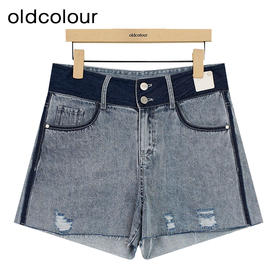 oldcolour夏季新款高腰阔腿破洞休闲设计感牛仔短裤女P26111105