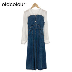 oldcolour牛仔连衣裙春季新款V领拼接高腰显瘦长裙女DP11107663