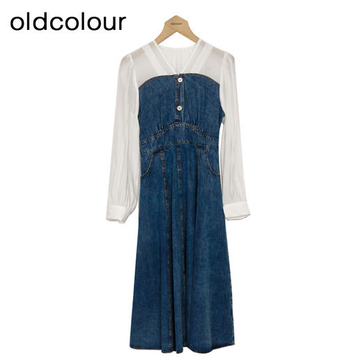 oldcolour牛仔连衣裙春季新款V领拼接高腰显瘦长裙女DP11107663 商品图0