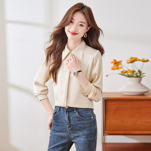 Q172新款长袖衬衫白色女士春秋法式修身通勤休闲百搭衬衣 商品图0