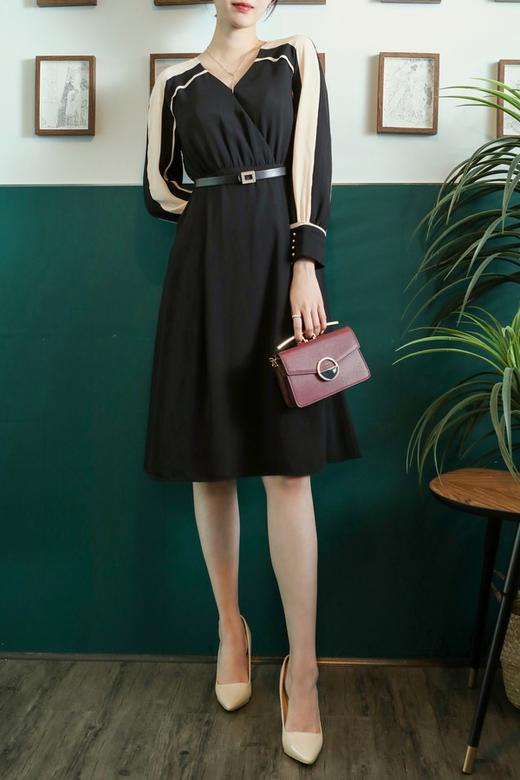 ELLA JADE 米黑撞色袖子拼接连衣裙 13189【不含腰带】 商品图5