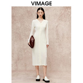 VIMAGE纬漫纪气质镂空修身显瘦钩花两件套连衣裙秋季新款V2207816
