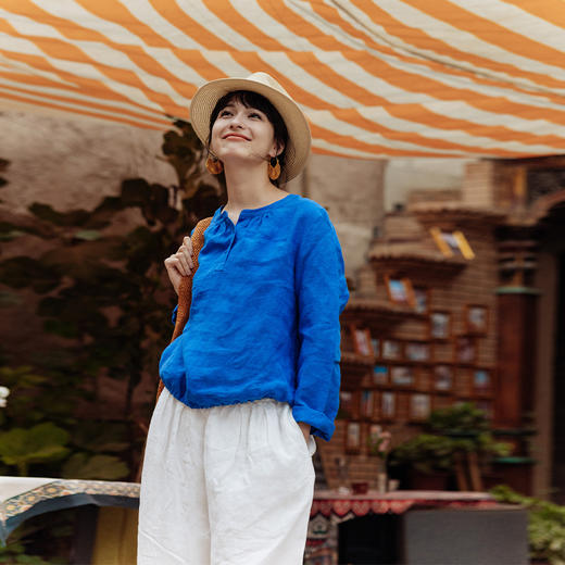 绽放旅行女装589朵/干洗亚麻圆领半开襟九分袖衬衫下摆收口小衫 商品图2