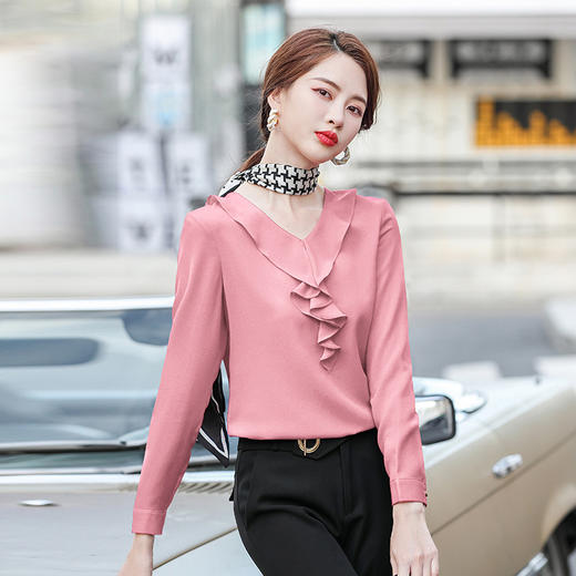 XZ-JE0595新款荷叶边红色衬衫女春洋气时尚雪纺V领长袖上衣大码衬衣 商品图3