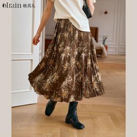 
OLrain欧芮儿法式复古印花半身裙女夏季2024新款A字百褶裙中长款