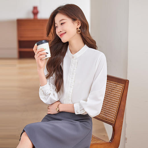 Q190新款长袖春秋气质衬衣白色时尚小众秋季设计感百搭通勤衬衫 商品图0