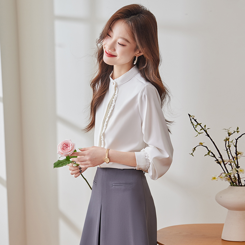 Q195新款长袖气质衬衣白色时尚百搭夏季小众韩版显瘦通勤衬衫