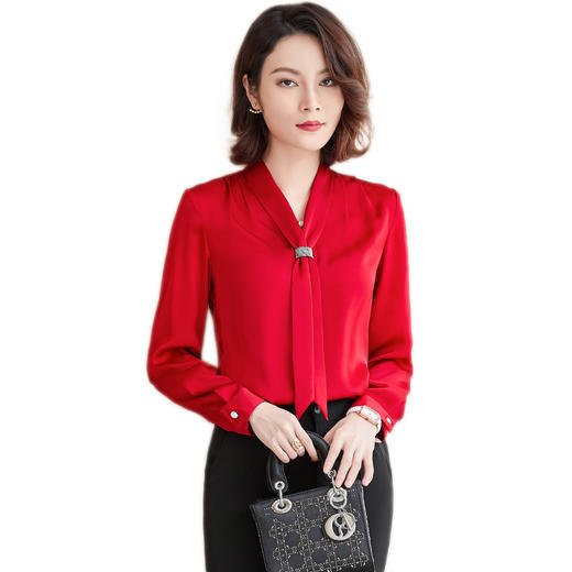 XZ-XZ-YZH6566飘带白色衬衫女秋季薄款醋酸缎面上衣职业装气质雪纺长袖白衬衣秋 商品图4