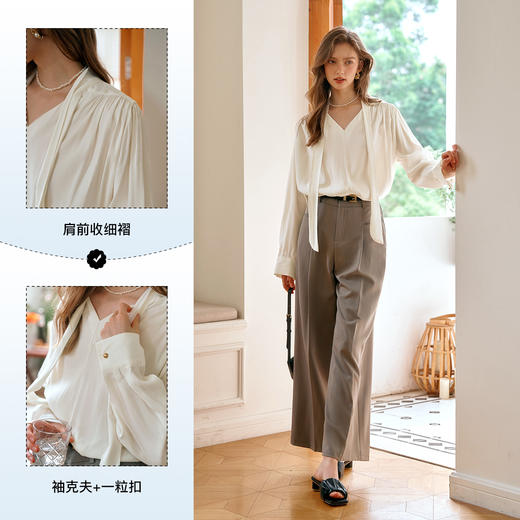 
OLrain欧芮儿杏色长袖衬衫女早秋2024年新款法式V领系带衬衣上衣 商品图3