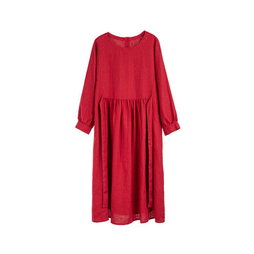 绽放旅行女装524朵/重磅进口亚麻高腰细褶收腰显瘦圆领长袖连衣裙 商品图4