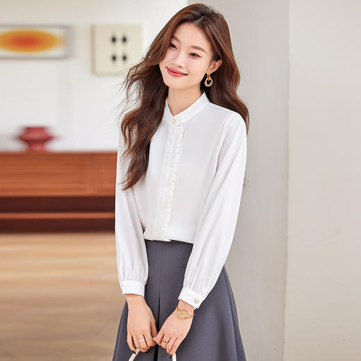 Q190新款长袖春秋气质衬衣白色时尚小众秋季设计感百搭通勤衬衫 商品图2