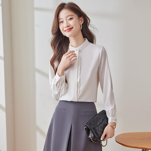 Q195新款长袖气质衬衣白色时尚百搭夏季小众韩版显瘦通勤衬衫 商品图3