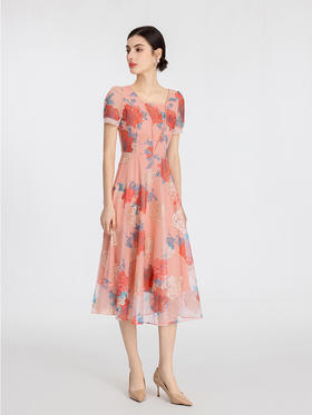 司歌网纱刺绣印花连衣裙古典优雅短袖显瘦