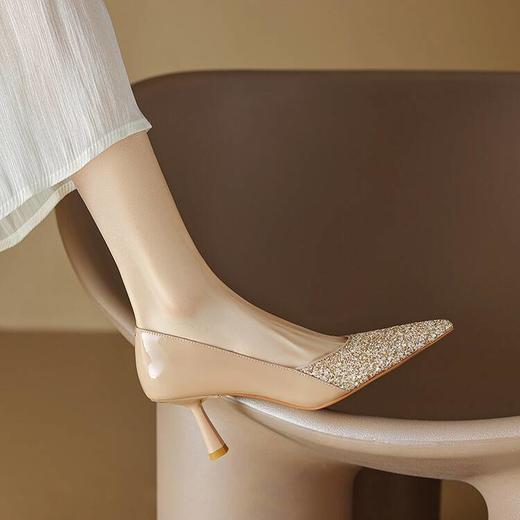 【预售5天】裸色亮片高跟鞋女酒杯跟浅口秋季新款拼接法式单鞋女YS&0306-4 商品图0