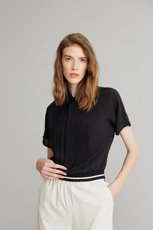 COCO ZONE 蝙蝠袖衬衣polo领宽松衬衫设计感荷叶袖上衣 23C18493 商品图0