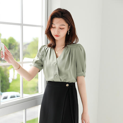 火桐hooton重磅V领抽褶真丝短袖779103 商品图7