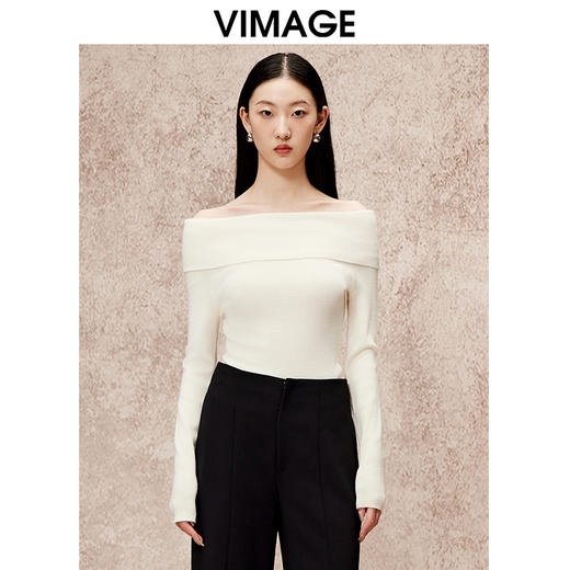 VIMAGE纬漫纪时尚性感露肩一字领修身长袖针织衫秋季新款V2201820 商品图0