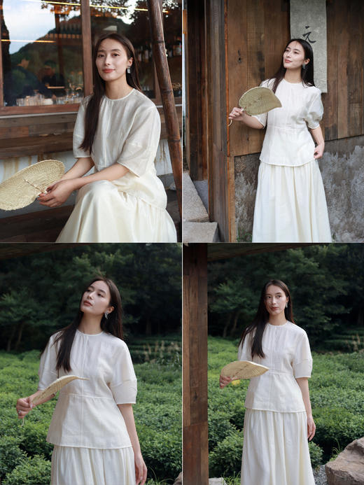 HIDEMI 度假系列微透视艺术肌理感圆领廓形袖中袖收腰套装 奶油白/开心果绿 上衣/半裙 商品图3