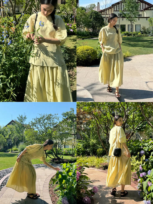 HIDEMI 度假系列微透视艺术肌理感圆领廓形袖中袖收腰套装 奶油白/开心果绿 上衣/半裙 商品图2