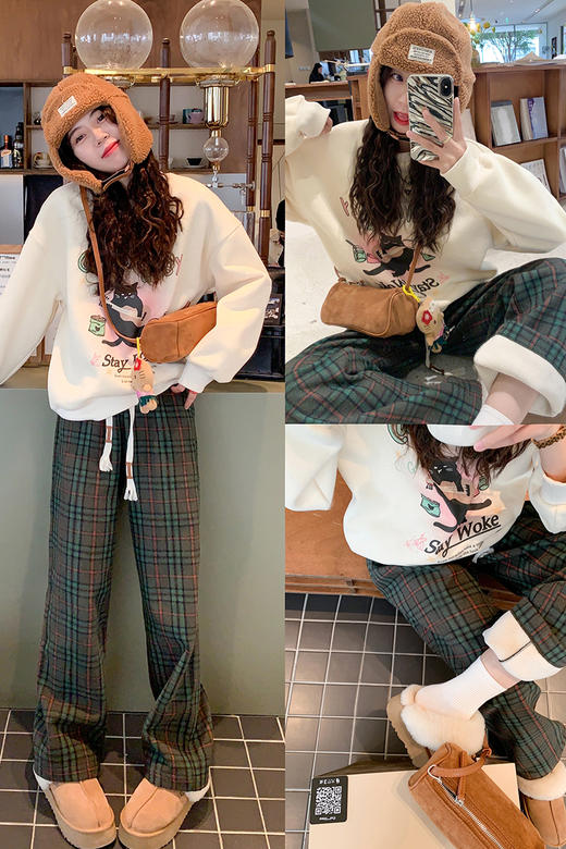 <曾小咸推荐>秋冬品质现货，反季大清仓！抢到就是赚到！秒完不再有  贝蒂物语 杏色猫咪印花圆领卫衣女春季复古绿色格子裤 日常159.99 立减70 秒杀89.99！！ 商品图5