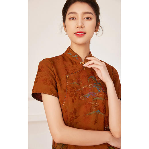 【富蕴山河】【香云纱】【红云纱】乔万尼新款100%真丝立领19MM冠乐绉旗袍中式典雅连衣裙EM2E871 商品图2