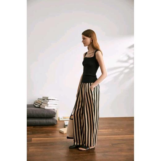 【包邮发顺丰】洛诗琳夏季新款杏底黑条优雅时尚人丝亚麻条纹长裤KTT219 商品图3