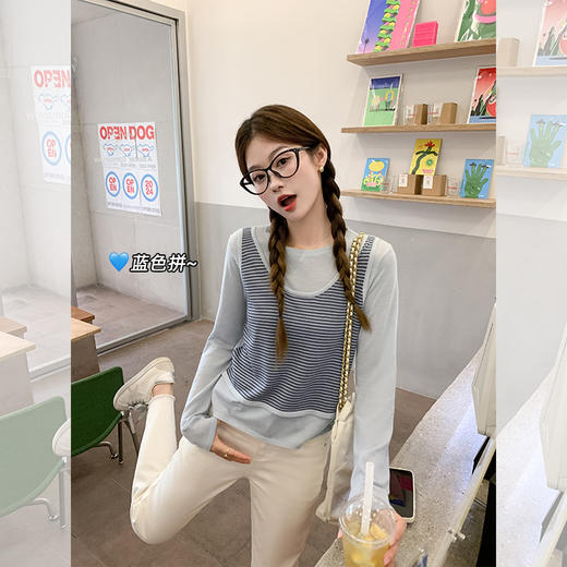 <曾小咸推荐>【时髦调性】2色假两件条纹毛织衫 商品图3