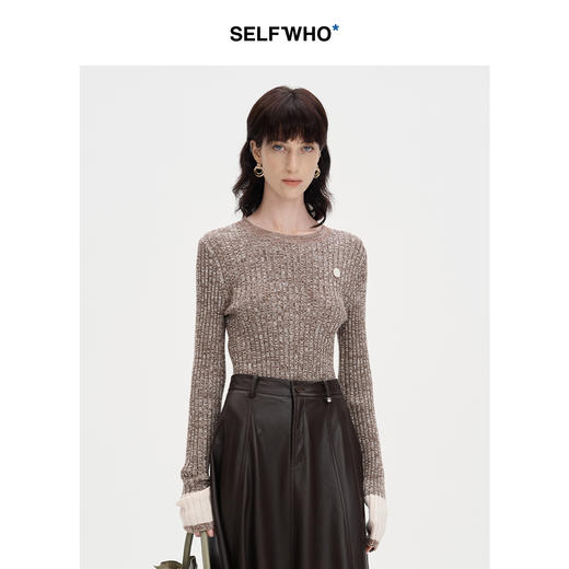 SELFWHO羊毛混纺撞色针织衫女2024秋季新款修身圆领套头针织上衣 商品图2