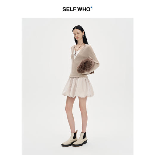 SELFWHO莱赛尔羊毛混纺假两件连衣裙女2024秋新款针织拼接花苞裙 商品图2