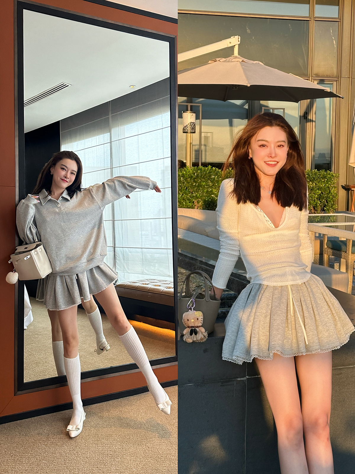 DUO智仙生 女高运动型录灰色宽松Polo卫衣和蕾丝百褶裙