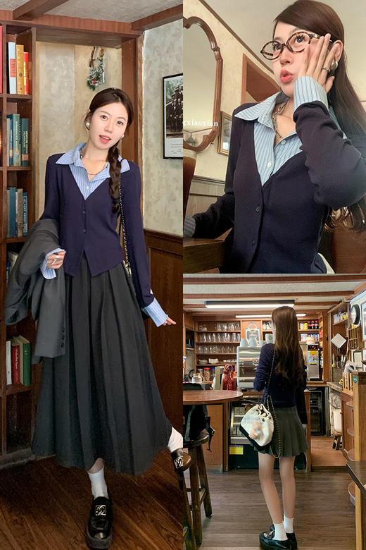 <曾小咸推荐>【学院梦境】假两件藏蓝色衬衫领上衣 商品图5