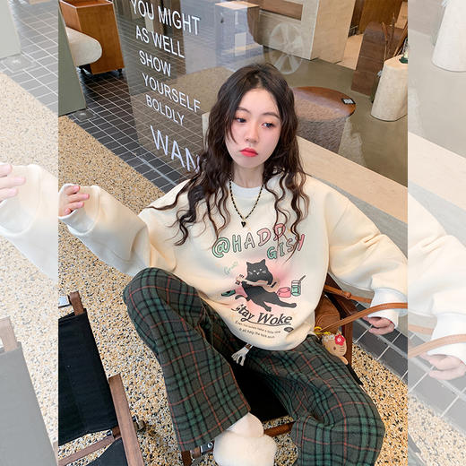 <曾小咸推荐>秋冬品质现货，反季大清仓！抢到就是赚到！秒完不再有  贝蒂物语 杏色猫咪印花圆领卫衣女春季复古绿色格子裤 日常159.99 立减70 秒杀89.99！！ 商品图3