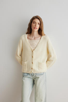 COCO ZONE 春季小香风100棉针织开衫长袖V领单排扣上衣24C10367