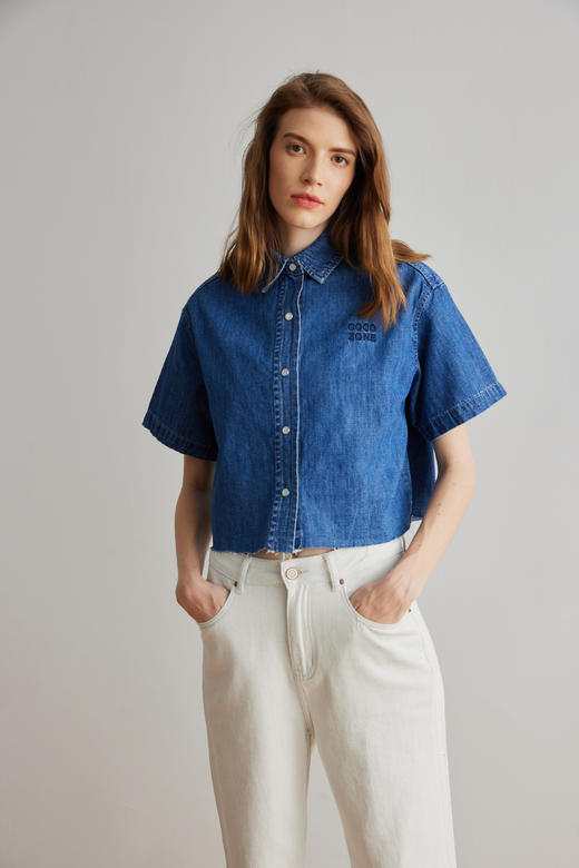 COCO ZONE 短款POLO领衬衣毛边下摆绣花短袖外套 23C18852 商品图0