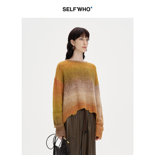 SELFWHO羊驼毛混纺手工针织毛衣女2024秋新款宽松镂空条纹落日衫 商品图1