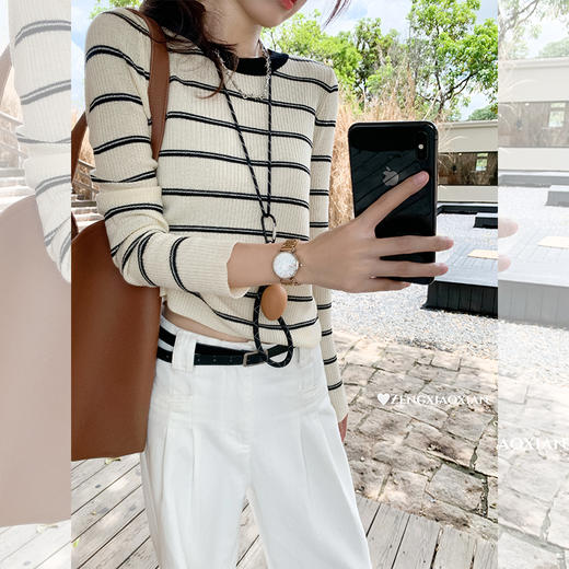 <曾小咸推荐>【条纹舞曲】杏黑条纹针织衫 商品图2