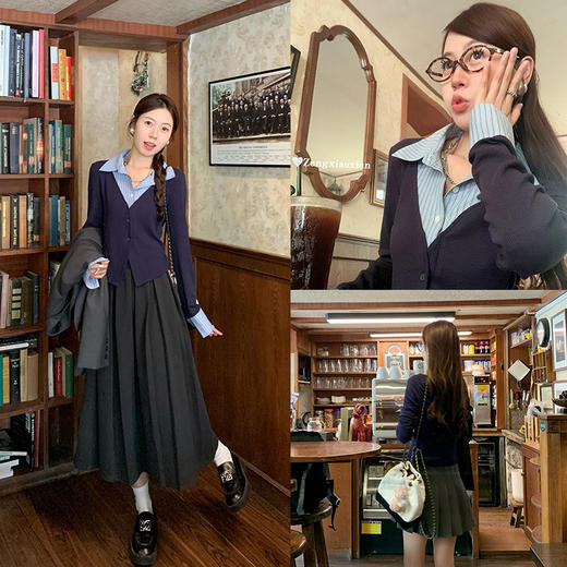 <曾小咸推荐>【学院梦境】假两件藏蓝色衬衫领上衣 商品图0