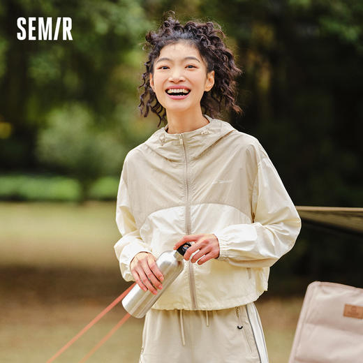 森马外套女短款连帽凉感防晒衣宽松夏季新款质感拼色夹克复古 商品图0