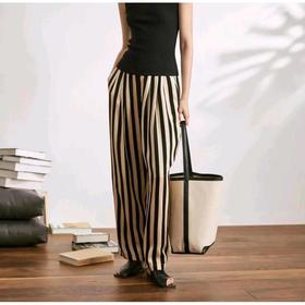 【包邮发顺丰】洛诗琳夏季新款杏底黑条优雅时尚人丝亚麻条纹长裤KTT219