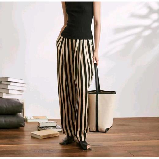 【包邮发顺丰】洛诗琳夏季新款杏底黑条优雅时尚人丝亚麻条纹长裤KTT219 商品图0