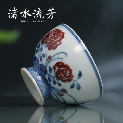 渚水流芳青花釉里红牡丹花卉高足杯（缺货） 商品图2