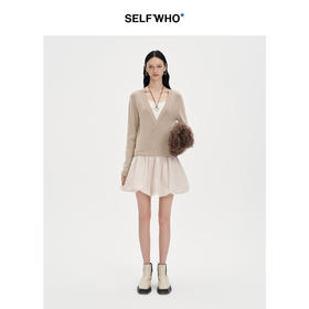 SELFWHO莱赛尔羊毛混纺假两件连衣裙女2024秋新款针织拼接花苞裙