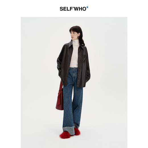 SELFWHO复古水洗蓝色纯棉牛仔裤女秋2024新款折边设计感直筒裤子 商品图2