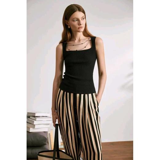 【包邮发顺丰】洛诗琳夏季新款杏底黑条优雅时尚人丝亚麻条纹长裤KTT219 商品图1