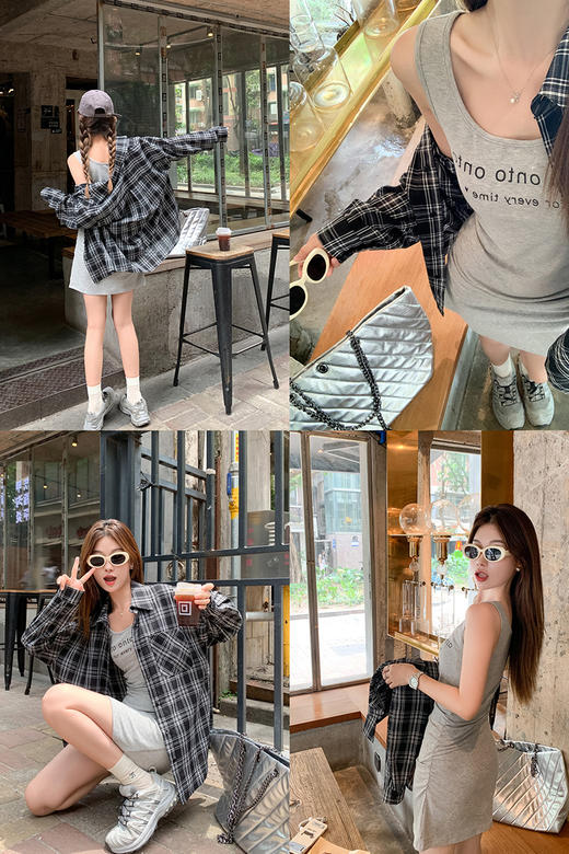 <曾小咸推荐>【首尔小恋曲】灰色短裙+黑格子衬衫 商品图5