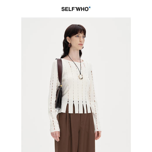 SELFWHO绵羊毛混纺法式长袖针织衫女2024秋新款轻薄镂空打底上衣 商品图1