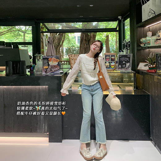 <曾小咸推荐>【温柔花边】毛织拼接雪纺袖子上衣 商品图1