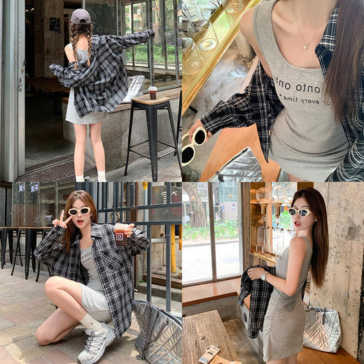 <曾小咸推荐>【首尔小恋曲】灰色短裙+黑格子衬衫 商品图0