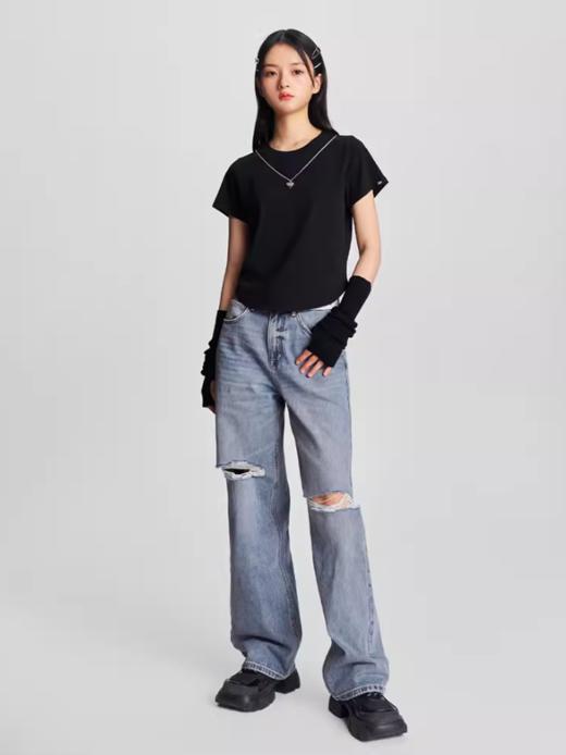 LEE新品428舒适高腰直脚破洞浅蓝色女牛仔裤潮流LWB246428101291 商品图2