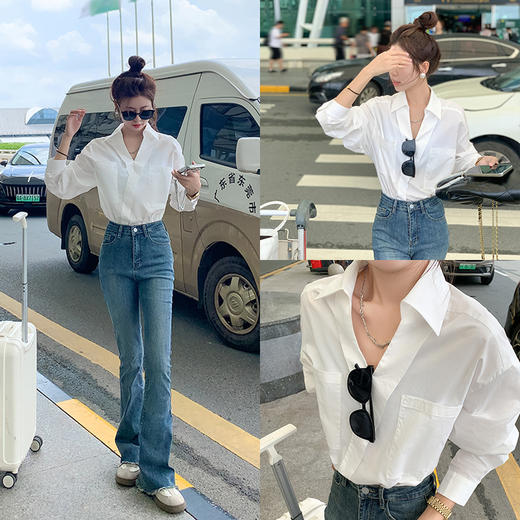 <曾小咸推荐>【露丝穿搭】设计感白色V领长袖衬衫 商品图0